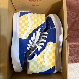 Vans Blue and Yellow Checkered High-Top Sneakers